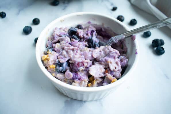 blueberry oatmeal in a white bowl
