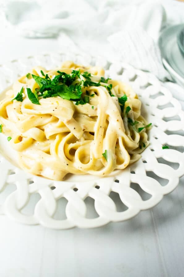 pasta on a white plate and background