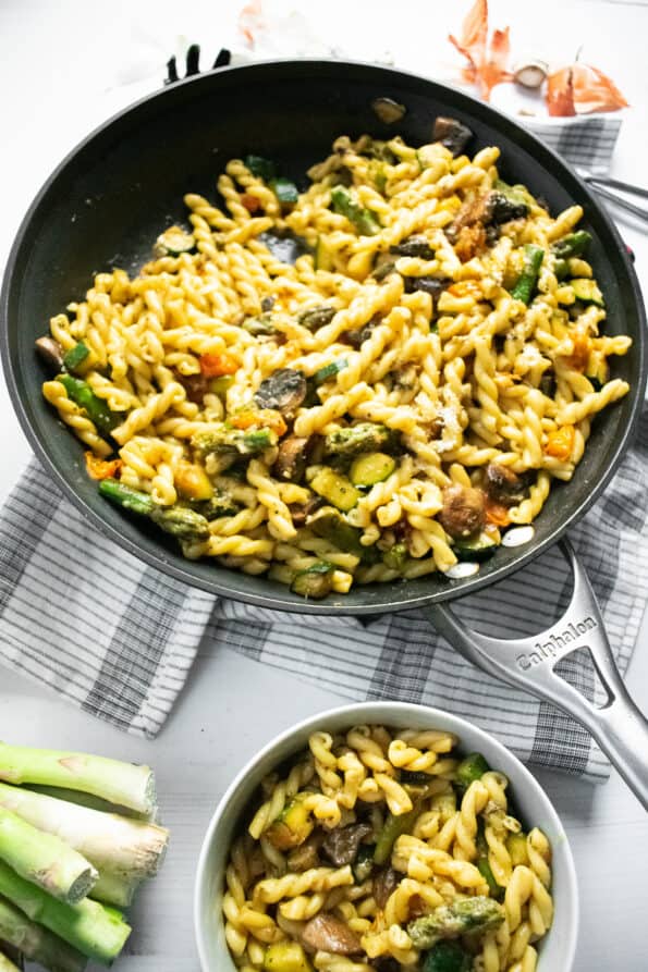pasta and vegetables in a skillet