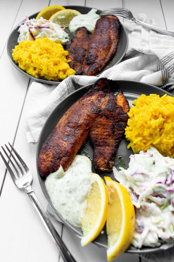 a plate of blackened fish, yellow rice, and cole slaw on white table